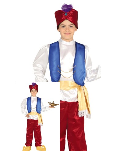 Costume bambino Aladdin con turbante rosso gilet blu pantaloni rossi e cintura dorata per Carnevale