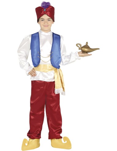 Costume bambino Aladdin con turbante rosso gilet blu pantaloni rossi e cintura dorata per Carnevale