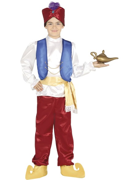 Costume bambino Aladdin con turbante rosso gilet blu pantaloni rossi e cintura dorata per Carnevale