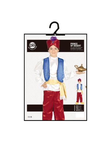 Costume bambino Aladdin con turbante rosso gilet blu pantaloni rossi e cintura dorata per Carnevale