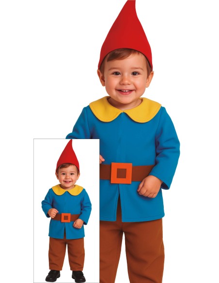 Costume nanetto blu bambino con cappello rosso, tutina e pantaloni marroni per Carnevale