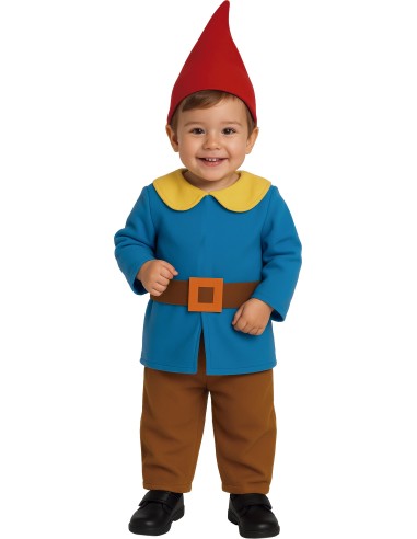 Costume nanetto blu bambino con cappello rosso, tutina e pantaloni marroni per Carnevale