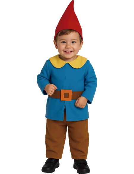 Costume nanetto blu bambino con cappello rosso, tutina e pantaloni marroni per Carnevale