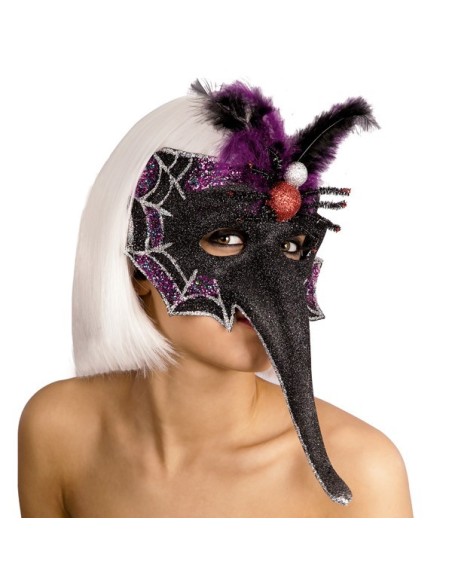 MASCHERA NERA/VIOLA con glitter, PIUME E DECORAZIONE RAGNO Prezzo 3,60 €