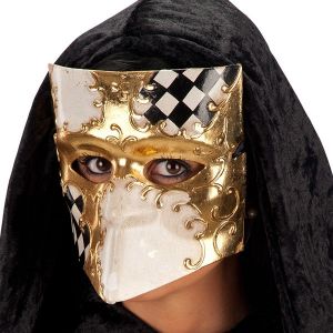 Maschera da Appendere Oro con Fiori Burgundi e Piume H.12 cm