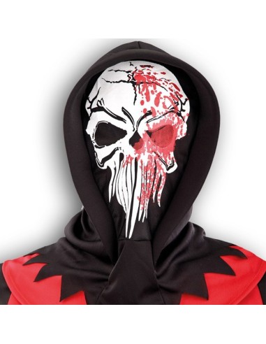 Maschera scheletro bianca insanguinata con cappuccio nero per costume Halloween horror