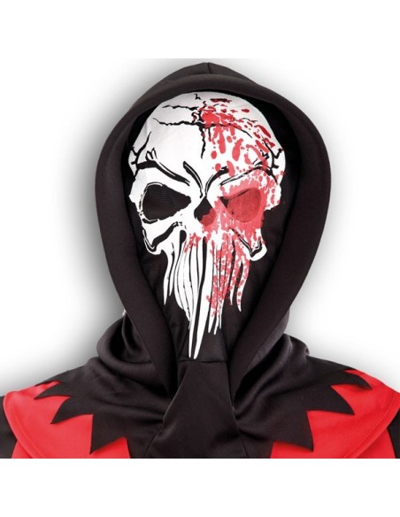 Maschera scheletro bianca insanguinata con cappuccio nero per costume Halloween horror
