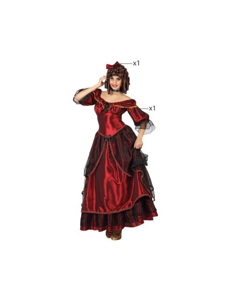 Costume da cortigiana rosso bordeaux con gonna ampia e corpetto decorato stile settecento per donna