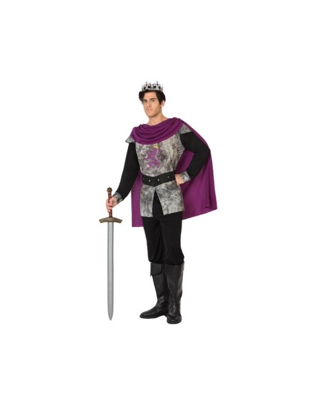 Costume da re medievale con tunica grigia, mantello viola, corona dorata e spada per feste a tema