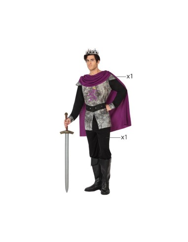 Costume da re medievale con tunica grigia, mantello viola, corona dorata e spada per feste a tema
