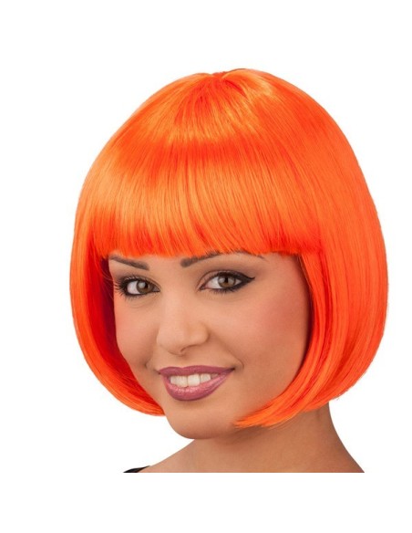 Parrucca bob arancione fluo con frangetta per costumi Halloween e feste a tema