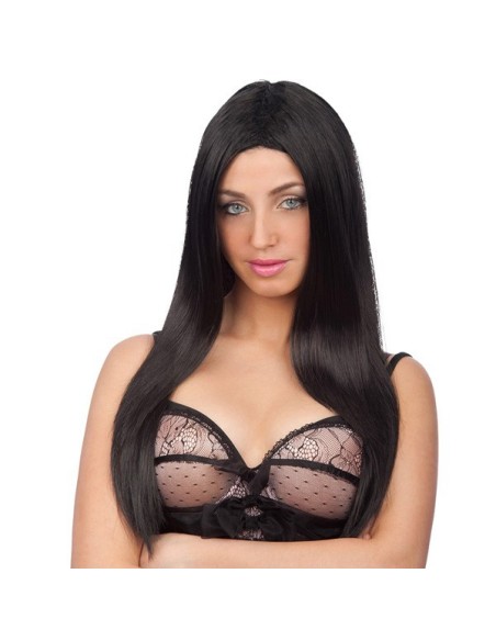Parrucca nera lunga liscia indossata da donna per costumi e travestimenti Halloween