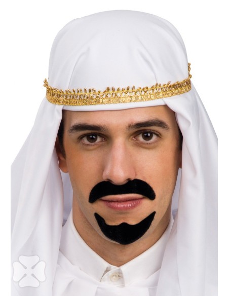 Baffi e pizzetto arabi neri per costume da sceicco orientale su modello con turbante bianco