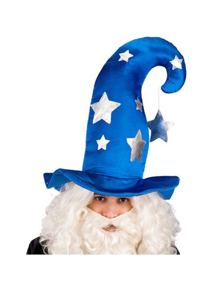 Cappello da mago blu con stelle argentate alto 45 cm per costumi Halloween e feste a tema