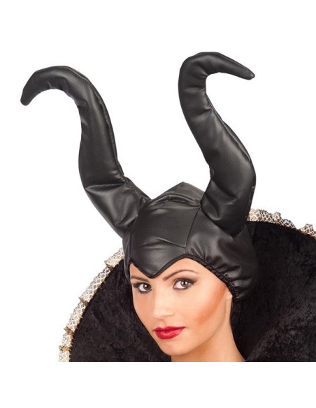 Copricapo strega malefica nero ecopelle corna curve costume Halloween donna