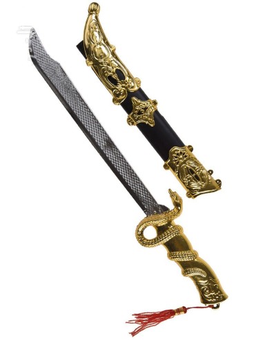 Spada ornamentale dorata con serpente e fodero nero per costumi storici e fantasy