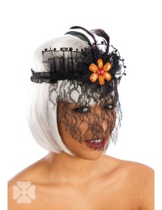 Fascia nera di pizzo con veletta e piume per costume vintage donna Halloween