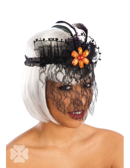 Fascia nera di pizzo con veletta e piume per costume vintage donna Halloween