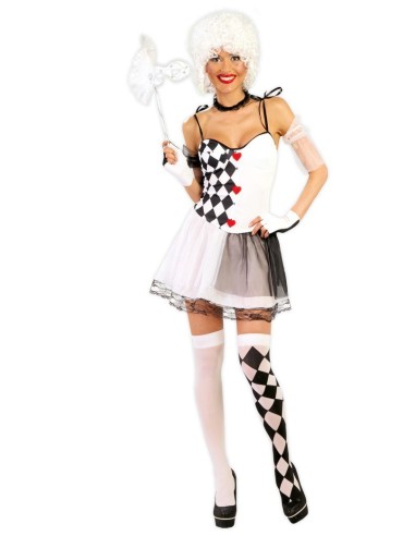 Costume da Arlecchina con corset a scacchi bianchi e neri, gonna in tulle e calze coordinate per donna