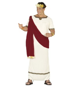 Costume Cesare Augusto con toga bianca mantello rosso e corona alloro dorata per uomo