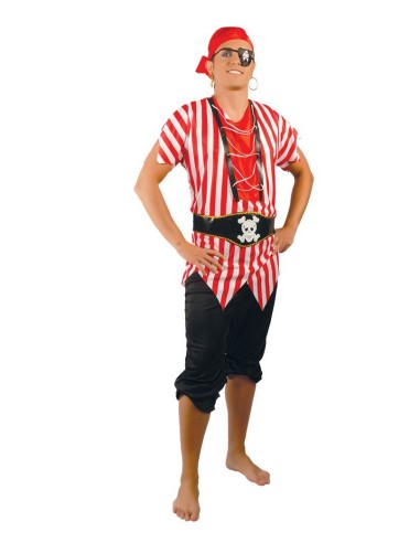Costume pirata uomo con camicia righe rosse bandana e cintura teschio per feste a tema