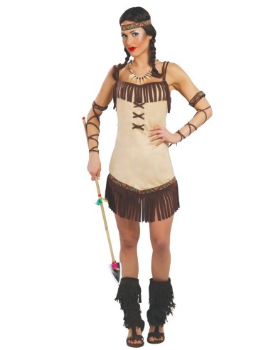 Costume indiana eco beige con frange marroni, bracciali e fascia capelli per donna western