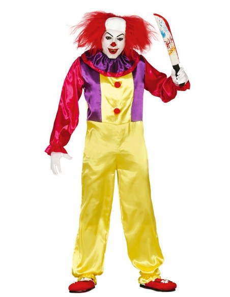 Costume pagliaccio IT horror con tuta gialla camicia rossa e parrucca per Halloween