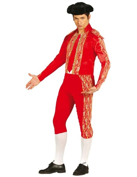 Costume da torero rosso con ricami dorati, giacca e pantaloni, calze bianche per feste a tema spagnolo