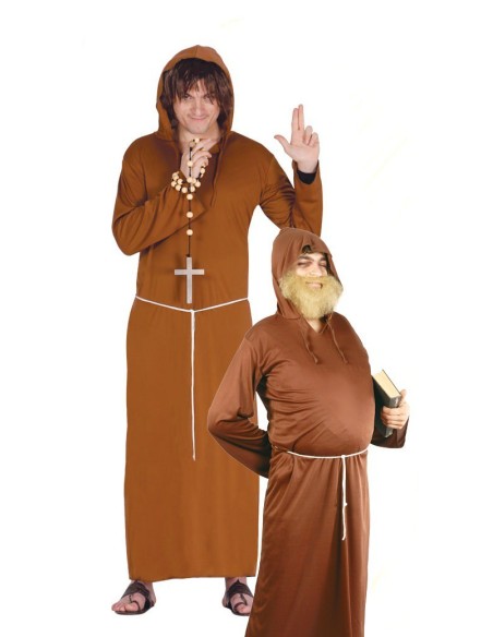 Costume da frate marrone con tunica, cappuccio e croce bianca per feste medievali