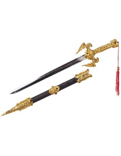 Spada decorata oro con fodero e cordino rosso lunga 50 cm per costumi storici medievali