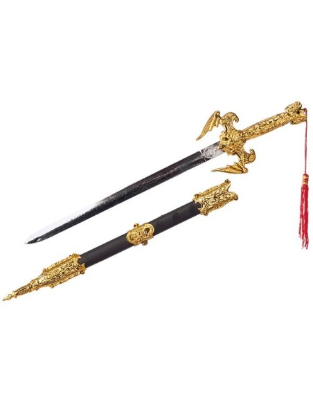 Spada decorata oro con fodero e cordino rosso lunga 50 cm per costumi storici medievali
