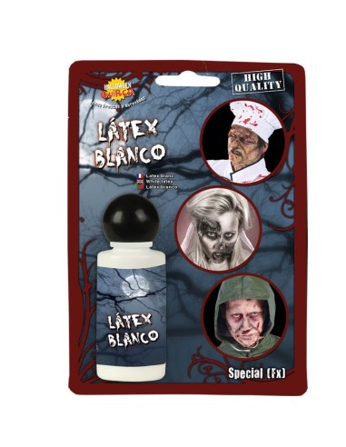 Flacone di lattice bianco liquido per creare cicatrici e effetti speciali makeup con esempi di applicazione