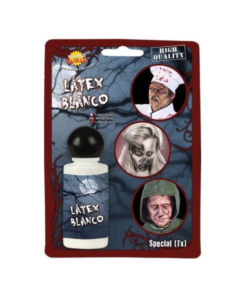 Flacone di lattice bianco liquido per creare cicatrici e effetti speciali makeup con esempi di applicazione