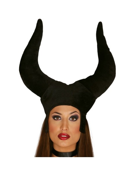 Copricapo Malefica in velluto nero con corna curve iconiche per costume Halloween