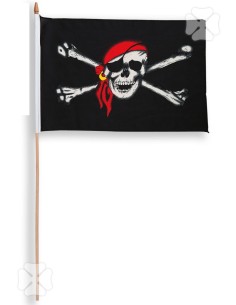 Bandiera pirata nera con teschio, bandana rossa e ossa incrociate su asta di legno 60cm