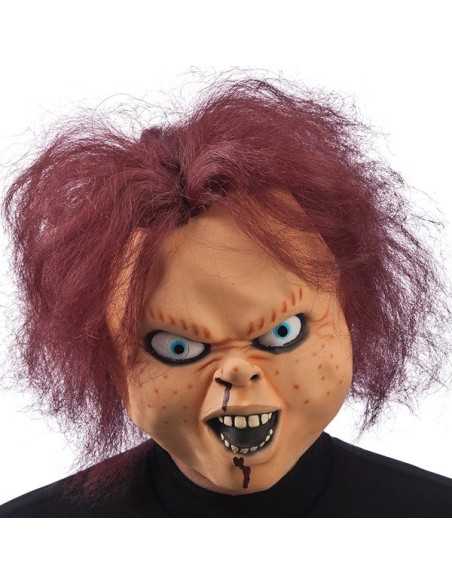 Maschera horror bambola in lattice con capelli rossi, occhi azzurri e denti aguzzi per Halloween