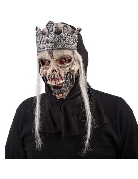 Maschera lattice scheletro con corona decorativa e cappuccio capelli grigi per Halloween horror
