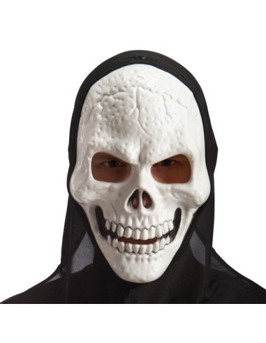 Maschera teschio bianca in plastica con cappuccio nero per costume Halloween horror morte