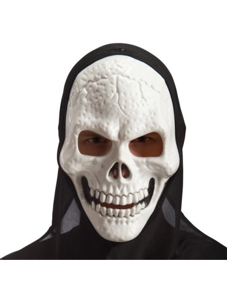 Maschera teschio bianca in plastica con cappuccio nero per costume Halloween horror morte