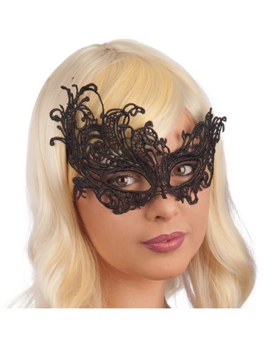 Maschera nera elegante in tessuto macramè con motivi floreali per feste in maschera