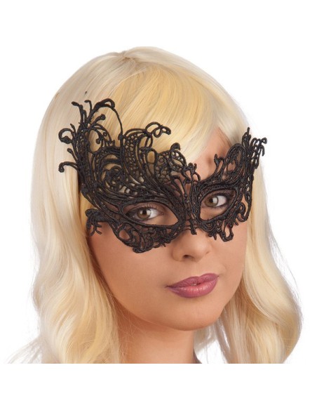 Maschera nera elegante in tessuto macramè con motivi floreali per feste in maschera