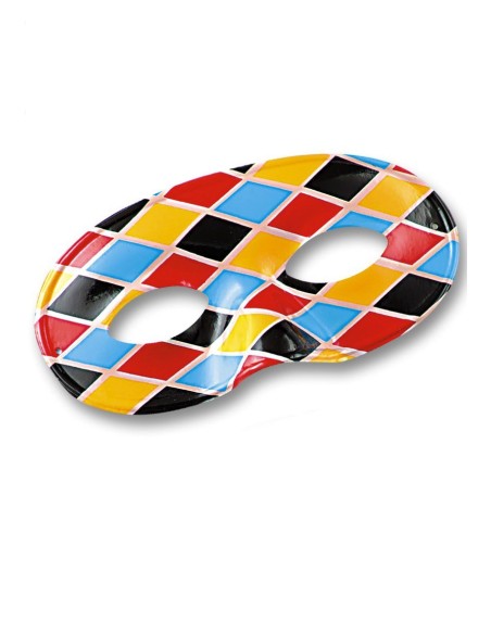 Domino arlecchino in plastica con pattern multicolore a losanghe rosse gialle blu nere per Carnevale