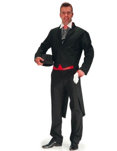 Uomo indossa elegante giacca frac nera con code e fascia rossa per eventi formali