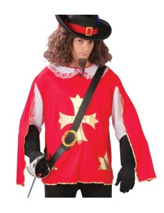 Tracolla porta spada nera da moschettiere indossata su costume rosso con croce dorata per feste storiche