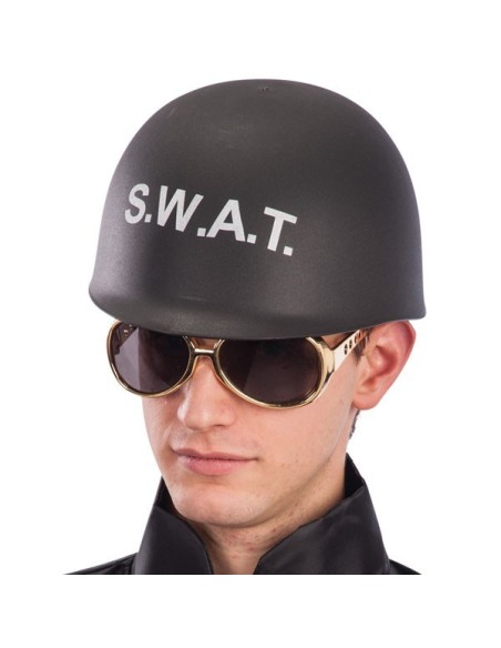 Elmo nero SWAT da adulto con scritta bianca per costume da poliziotto