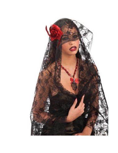 Velo pizzo nero con rosa rossa e cerchietto per costume Halloween donna elegante gotico