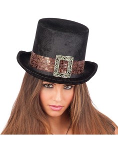 Tuba steampunk nera in velluto con fascia decorativa e fibbia metallica ornamentale per costume