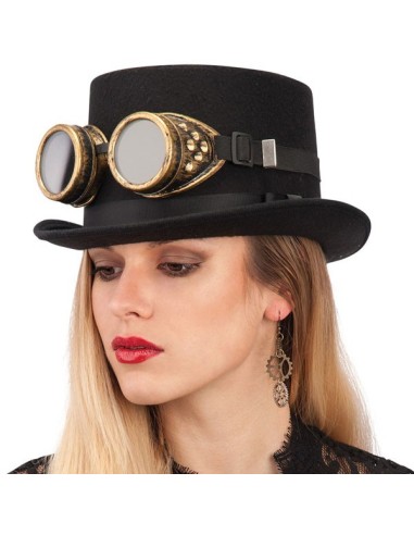 Occhiali steampunk dorati su cartoncino con decorazioni metalliche e ingranaggi per costume vintage