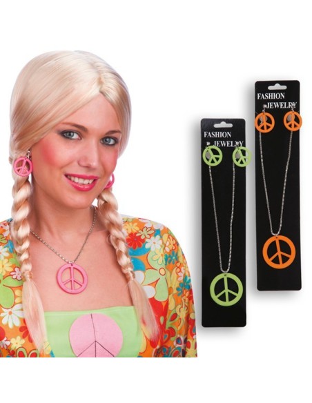 Set peace and love con collana e orecchini simbolo pace per costume hippie anni 70