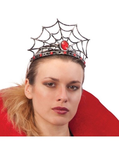 Cerchietto corona ragnatela metallica con pietra rossa centrale indossato per Halloween